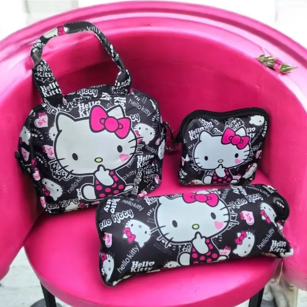 Hello Kitty Black Shoulder Bag Set of 3 Sanrio Kid Tween Travel School Purse NEW